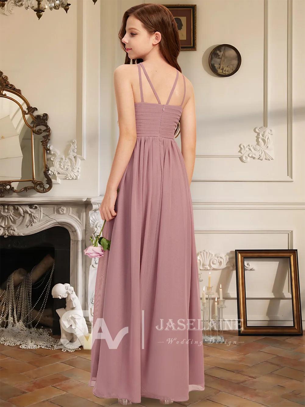 Dziecięca Sukienka Druhny dla Dziewczynek, Linia A, Halter, Długa do Podłogi, Szyfonowa, Bez Rękawów, Marszczona w Talii, Sukienka dla Druhny z Kwiatami, Sukienka na Wesele, Formalna