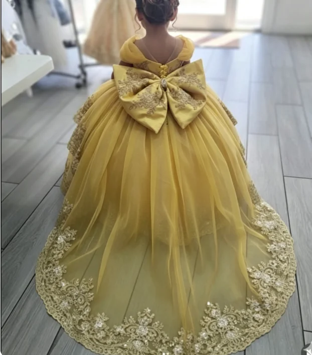 Yellow Satin Lace Flower Girl Dress For Wedding Sequin Applique Floor Length Kids Infant Baptism First Communion Gowns Custom