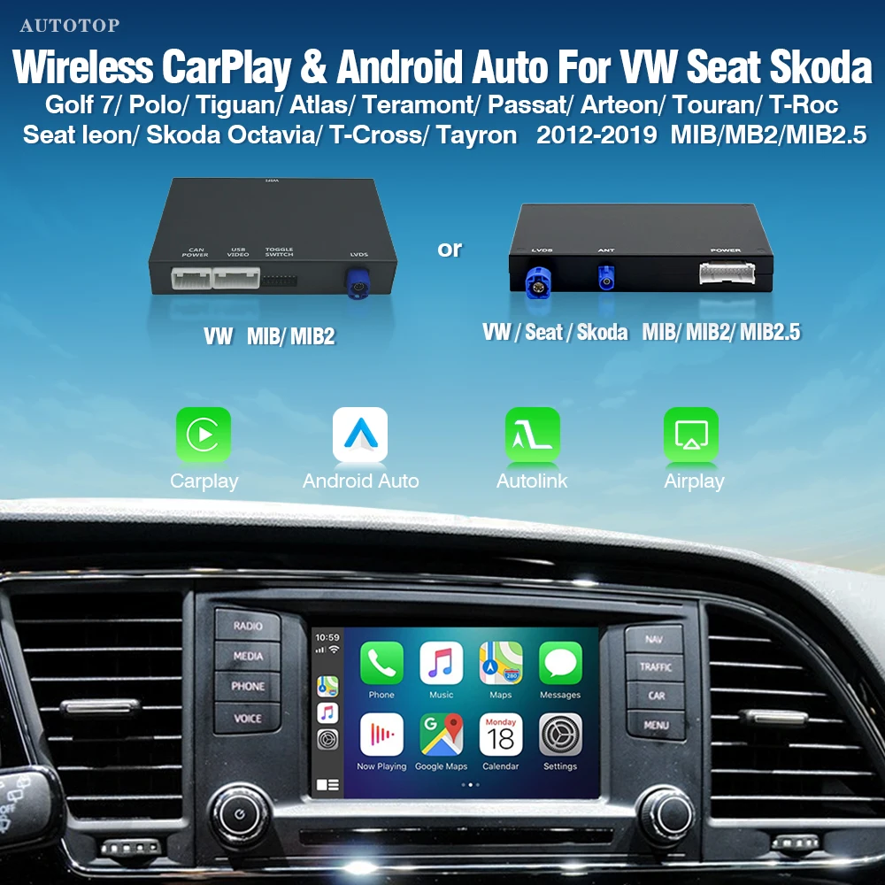 AUTOTOP – boîte de Module Carplay automatique Android sans fil, pour Skoda Octavia Polo Golf 7 Passat Arteon Scirocco t-cross Tiguan MIB MIB2