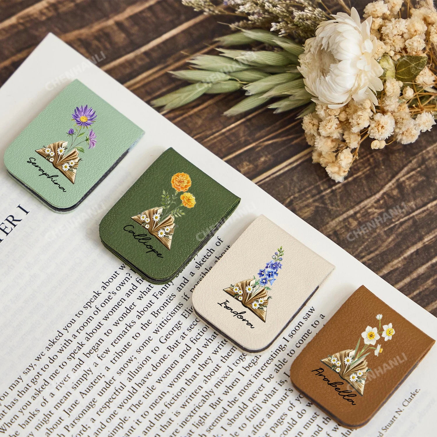 Custom Name Transparent Faux Leather Magnetic Bookmark Floral Design Single-Sided Print Gift for Book Lovers Teachers Readers