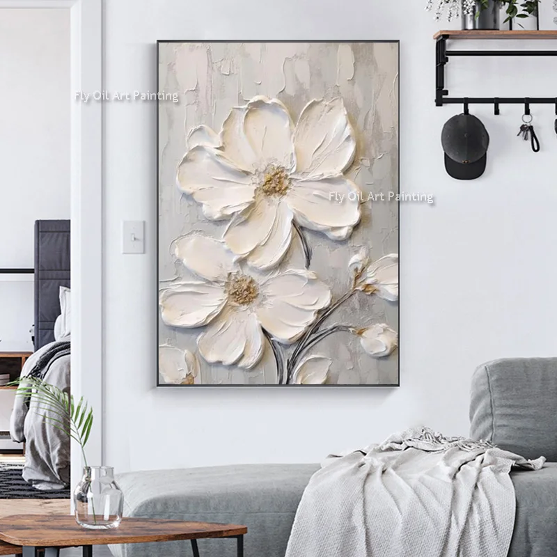 Original Modern White Flower Oil Painting On Canvas Hand Painted Wall Decor Heavy Textured Knife Thick Blooming Floral Artwork