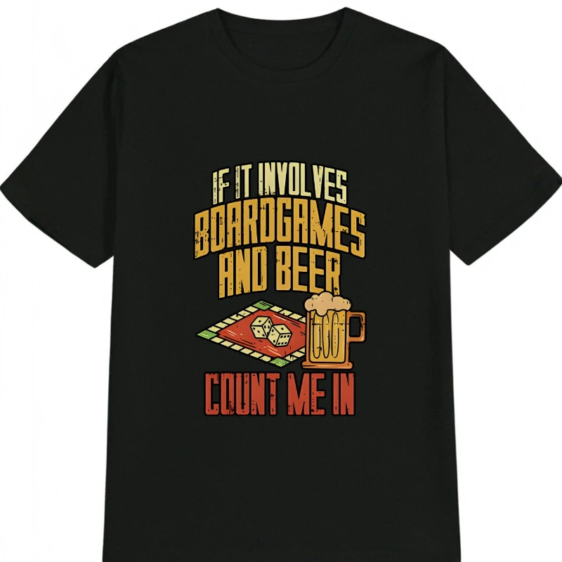 

Men's Casual Graphic T-Shirt IF IT INVOLVES BOARDGAMES AND BEER Print with Pizza Beer Mug Design Round Neck Tee