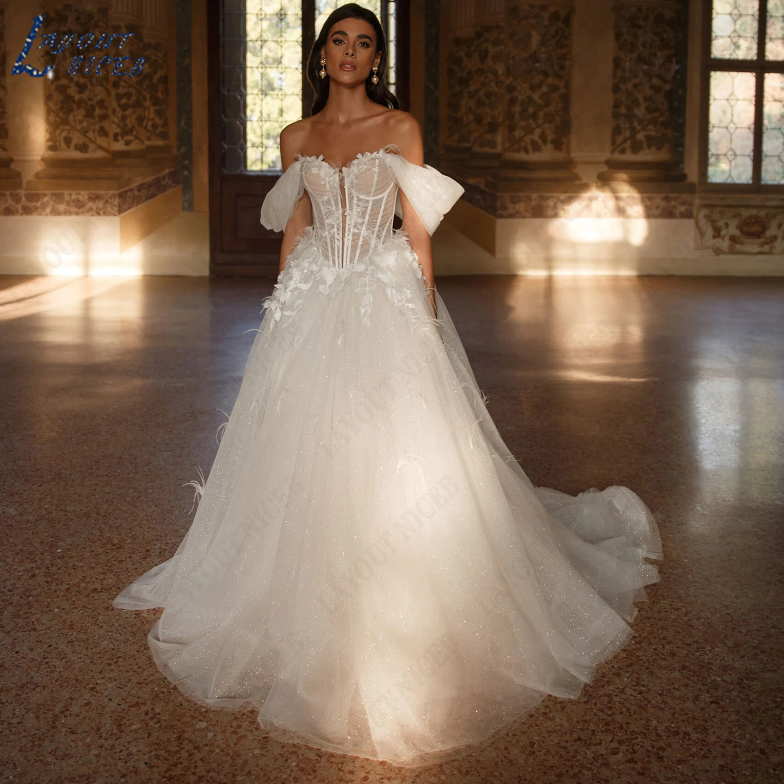 LAYOUT NICEB Customized Sweetheart A‑Line Bridal Gown Off The Shoulder Glitter Tulle Bride Dress Applique Wedding Dresses