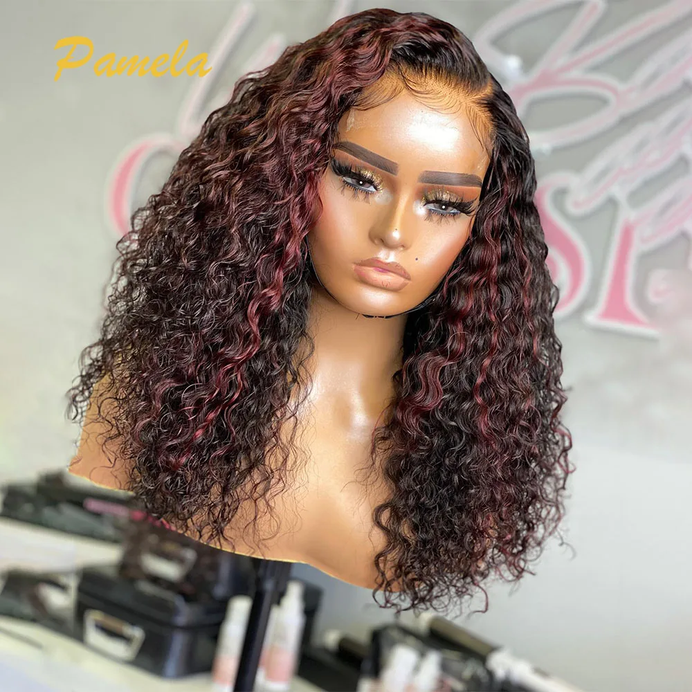 Highlight Burgundy Curly Wear and Go Human Hair Wigs Brazilian Ombre 1b/99j Transparent Lace Frontal Human Hair Wigs For Women