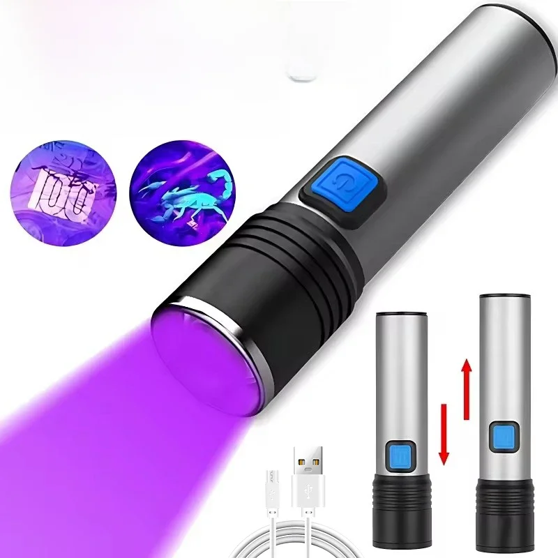 Mini latarka UV 395nm Blacklight Zoomable USB akumulator światło ultrafioletowe latarka ultrafioletowa do detektora moczu zwierząt domowych utwardzanie żywicy — zdjęcie 2