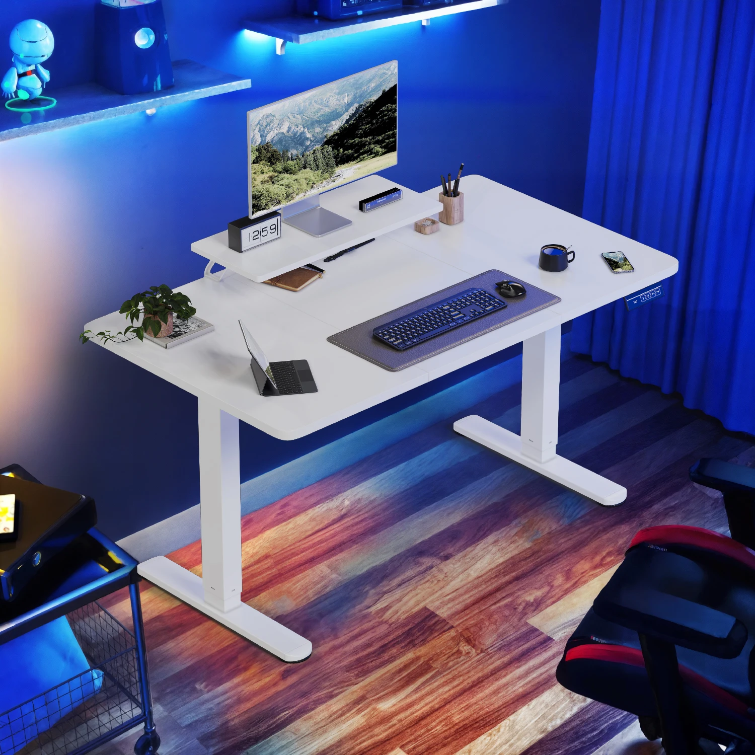 Escritorio Devoko con altura ajustable, eléctrico, 120 × 60 cm, con soporte para monitor, asiento ergonómico, escritorio de pie (blanco)