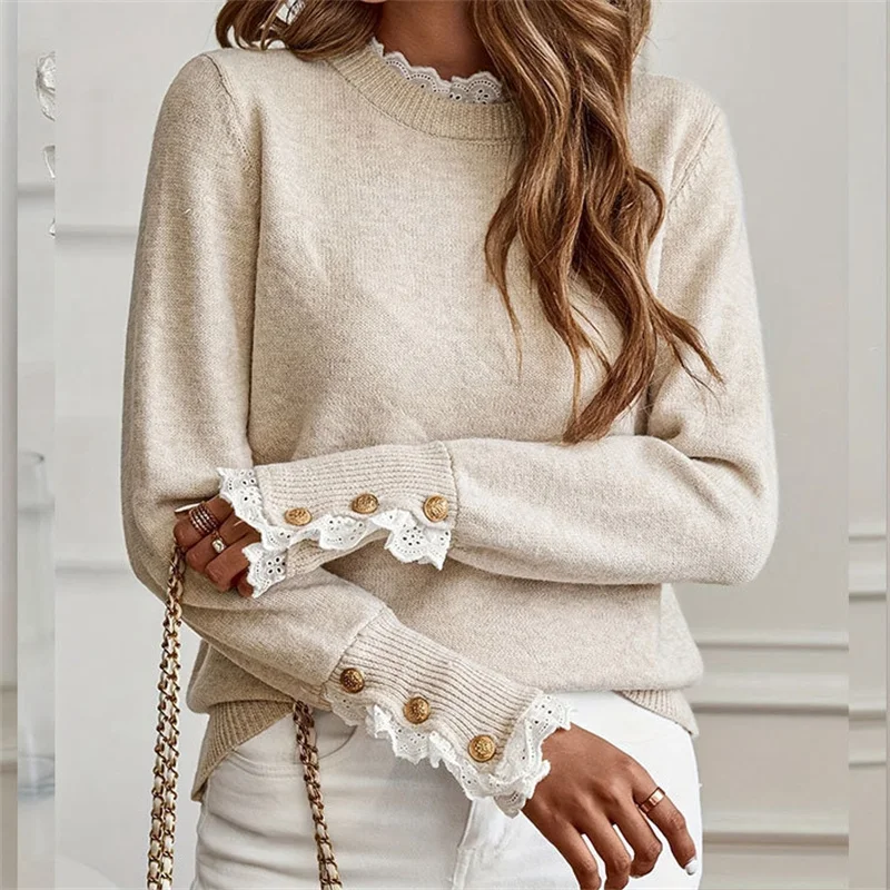 Women's Long Sleeve Buttons Lace Patchwork Knit Sweater Female Pullovers Autumn Winter Korean Fashion Casual Jacket Blouse Top