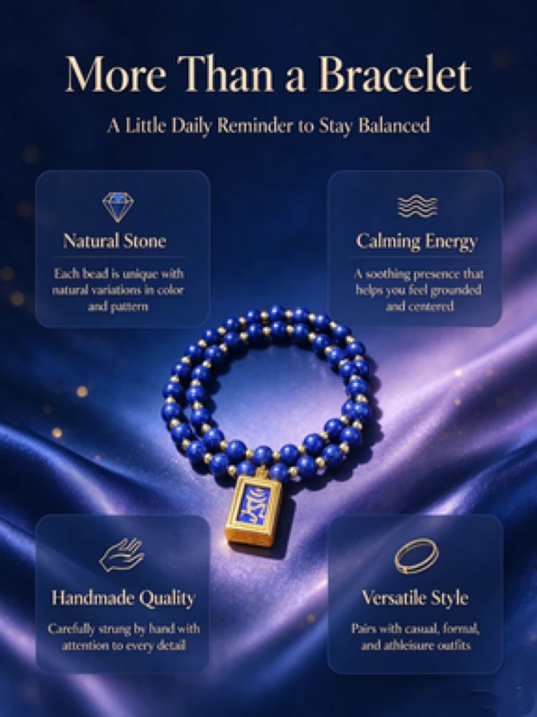 Lapis Lazuli Beaded Bracelet with Square Embossed Pendant, Polished Gemstone Beads, Bohemian Ethnic Jewelry for Men Women Stack Wear