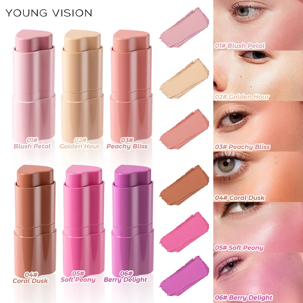 YOUNG VISION 6-Color Heart-Shaped Blush Stick Set | Creamy, Blendable & Long-Lasting | Easy Application for Natural Radiance