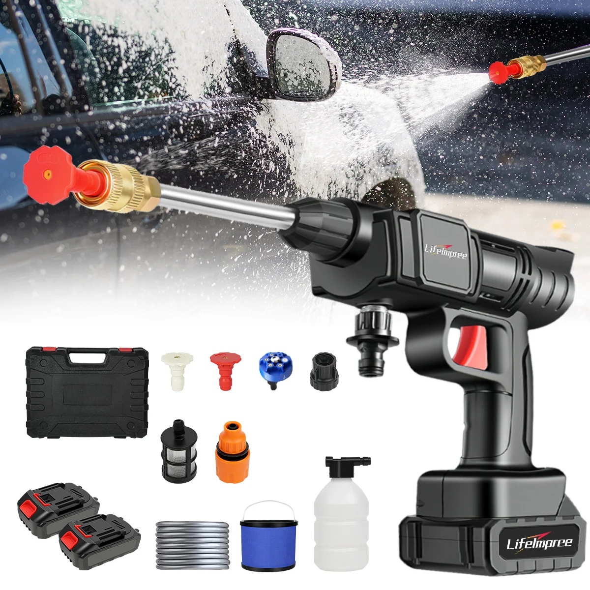 Nettoyeur haute pression sans fil LifeImpree 6-en-1 avec 2 batteries - Pistolet à jet haute pression électrique portable et boîte à outils