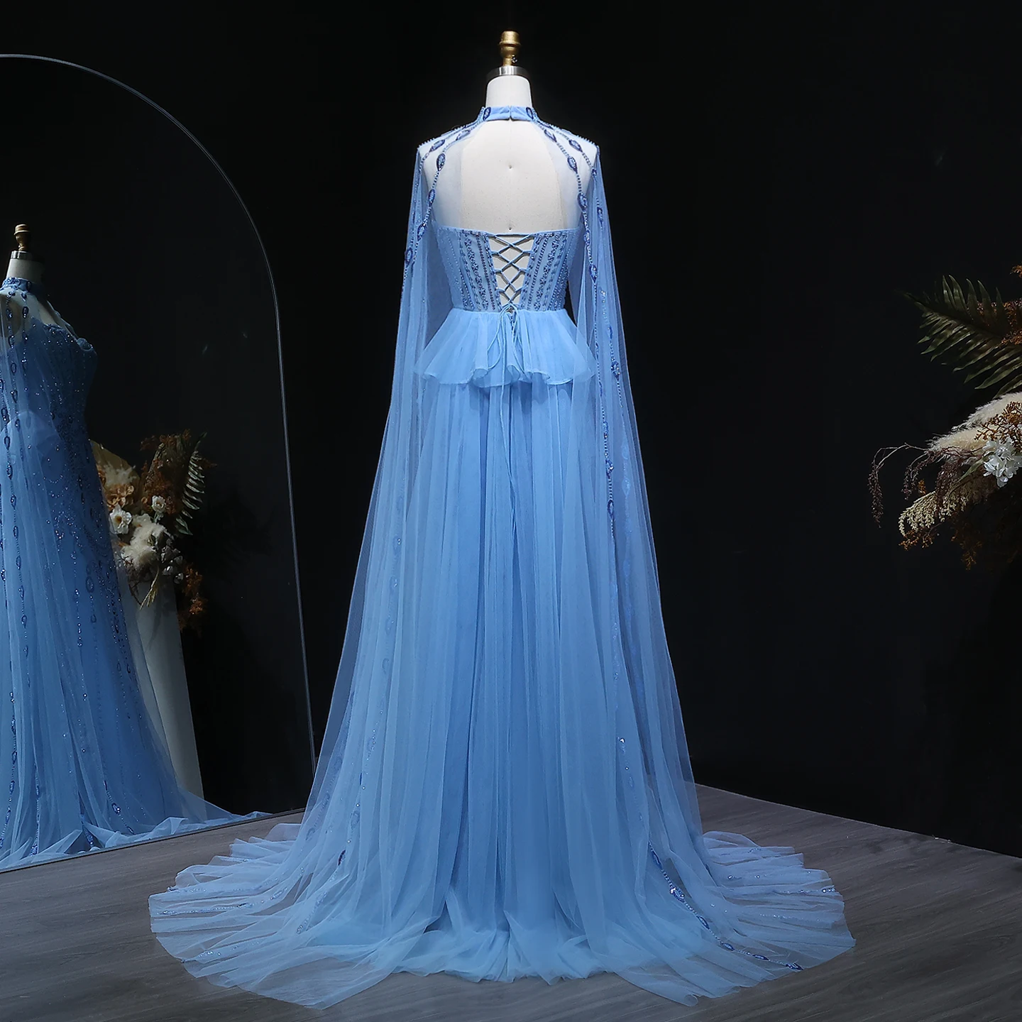 Sharon Said Luxuriöses Dubai Blaues Sweetheart-Abendkleid mit Cape-Ärmeln Arabische Damen Hochzeitsfeier Ballkleider SS092 Maßanfertigung – Detail 10