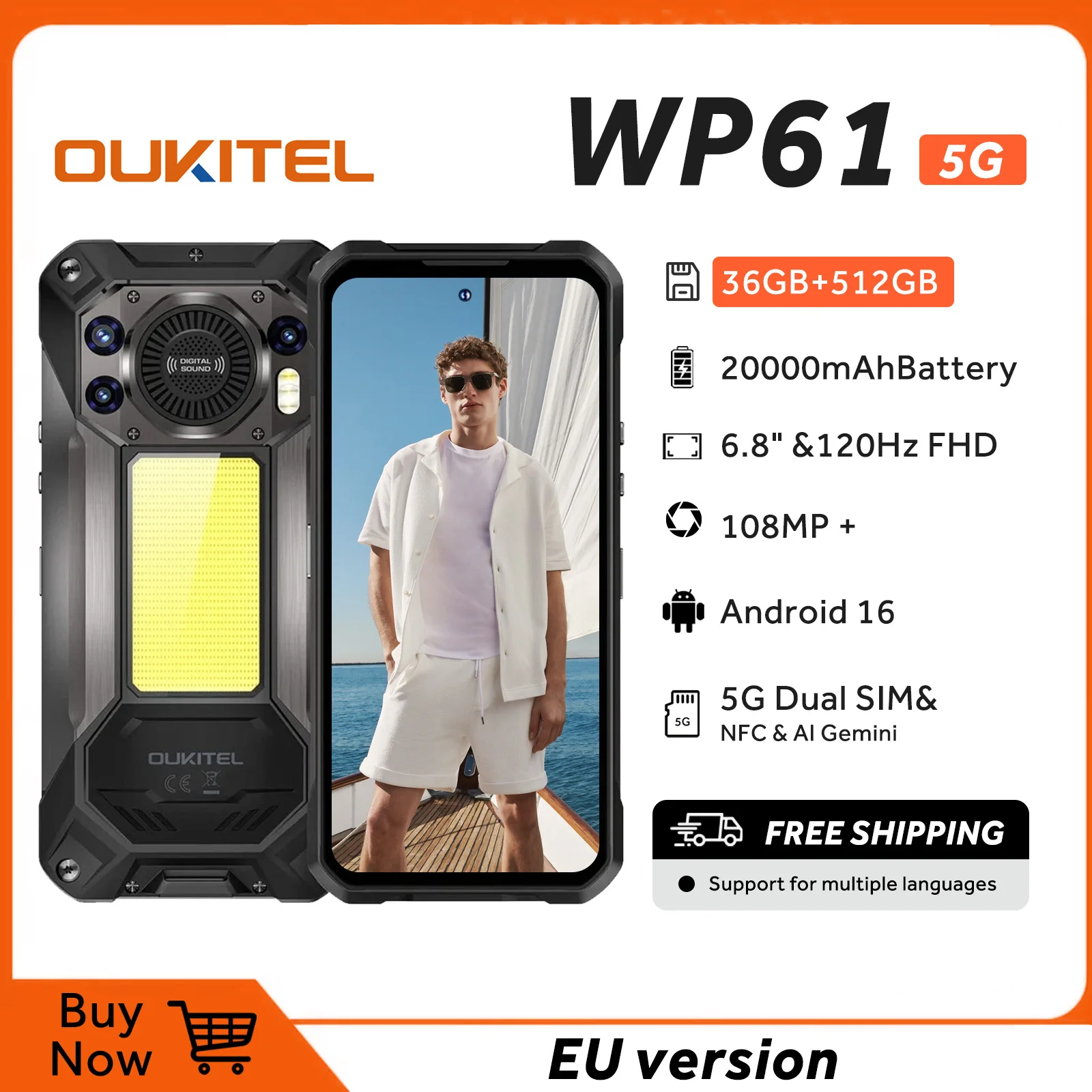 OUKITEL WP61 5G, t�l�phone robuste sous Android 16, d�bloqu�, �cran de 6,78 pouces, 36 Go de RAM + 512 Go de ROM/carte TF, batterie de 20 000 mAh/45 W, appareil photo de 108 Mpx, certification IP68/IP69K