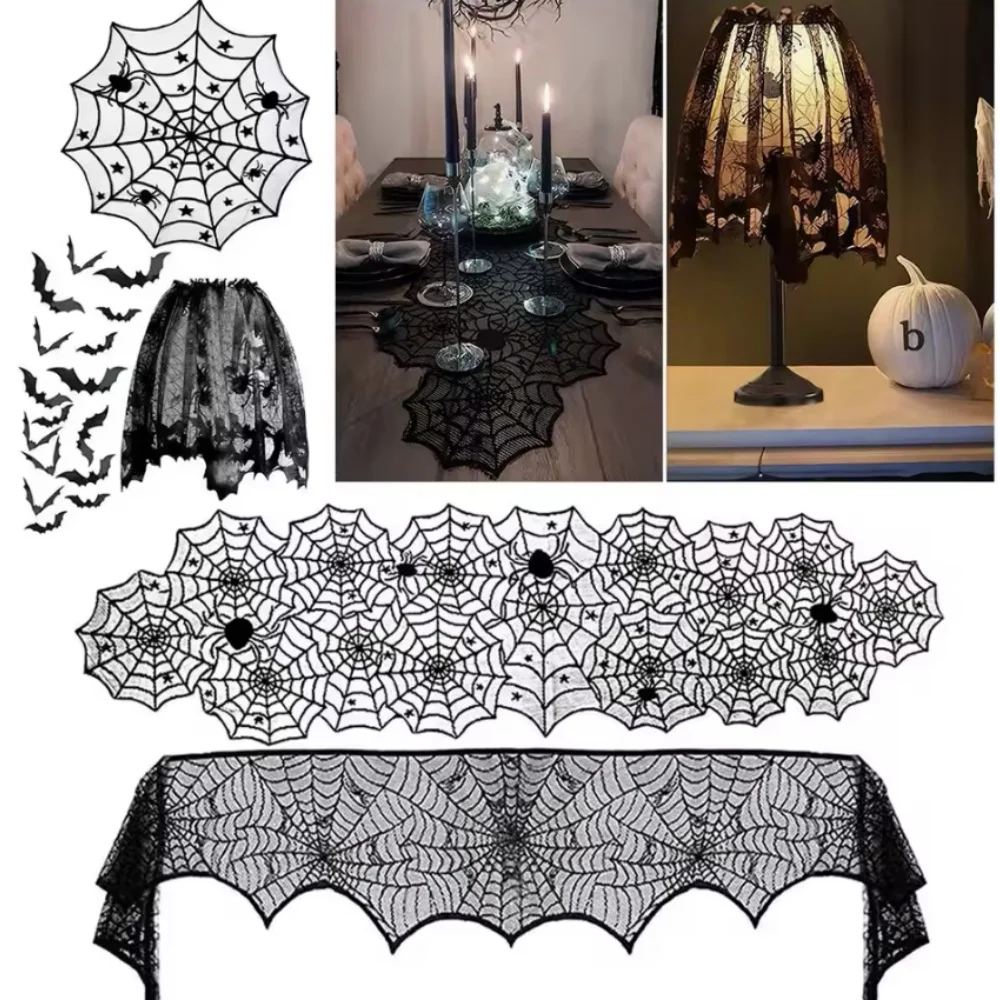 Set Halloween Decorations Black Lace Spider Web Halloween Tablecloth Runner Fireplace Mantel Scarf for Halloween Party 2025
