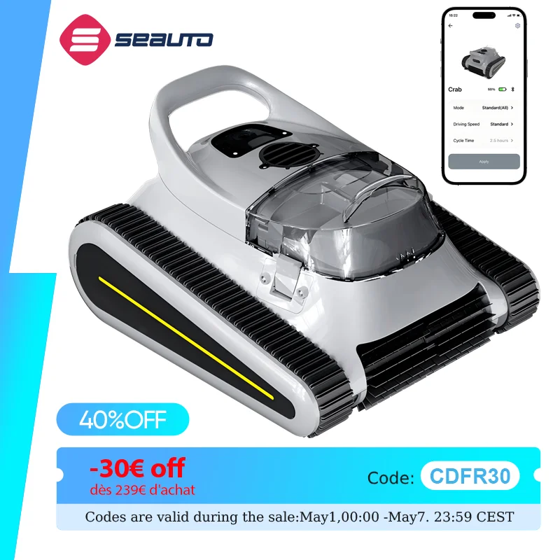 Robot aspirateur de piscine sans fil Seauto, capable de grimper aux parois, aspiration puissante de 45000 Pa pour piscines hors sol et enterrées jusqu'à 2000 pieds carrés. ft.
