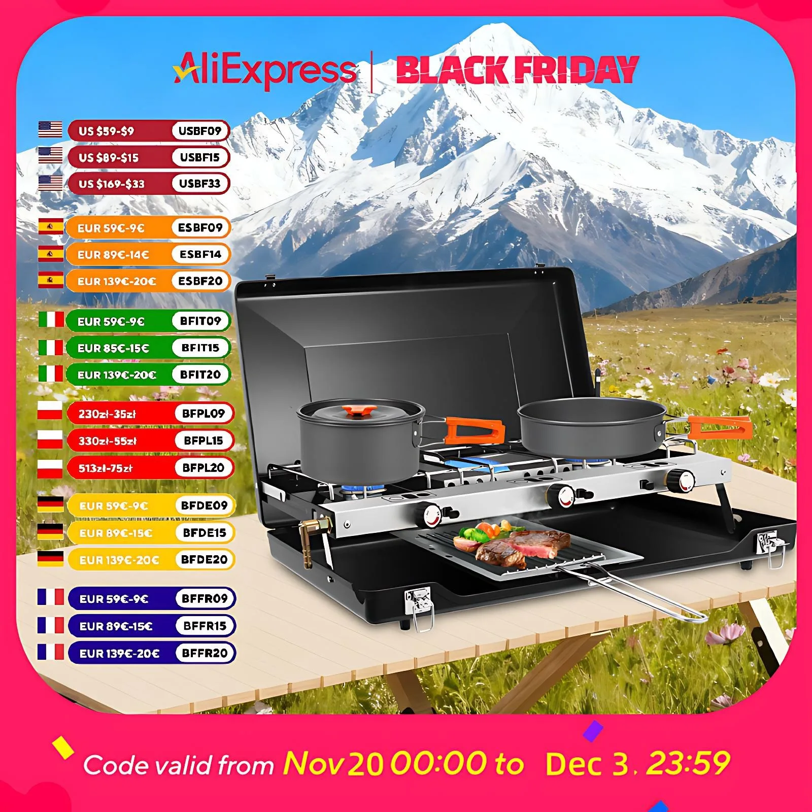 

[Outdoor Campfire Grill] 3-Burner Durable Cold-Rolled Steel Grill - Windproof Lid for Camping & Outdoor Cooking