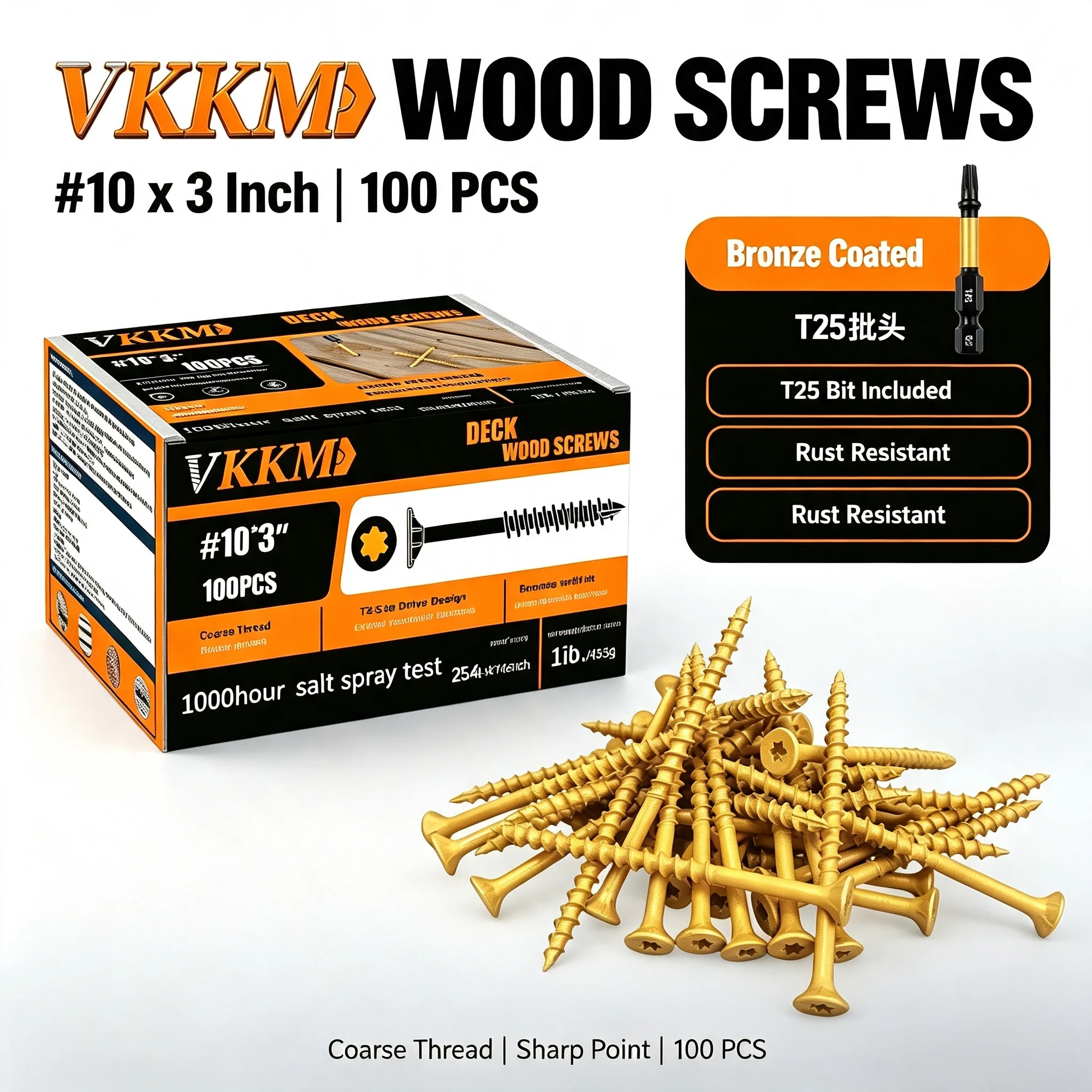VKKM #10 x 3 Inch Yellow Bronze Coated Deck Wood Screws 100PCS T25 Star Drive Coarse Thread Self Tapping Screws with Bit, Outdoor Decking Fencing Garden Wood Construction Use