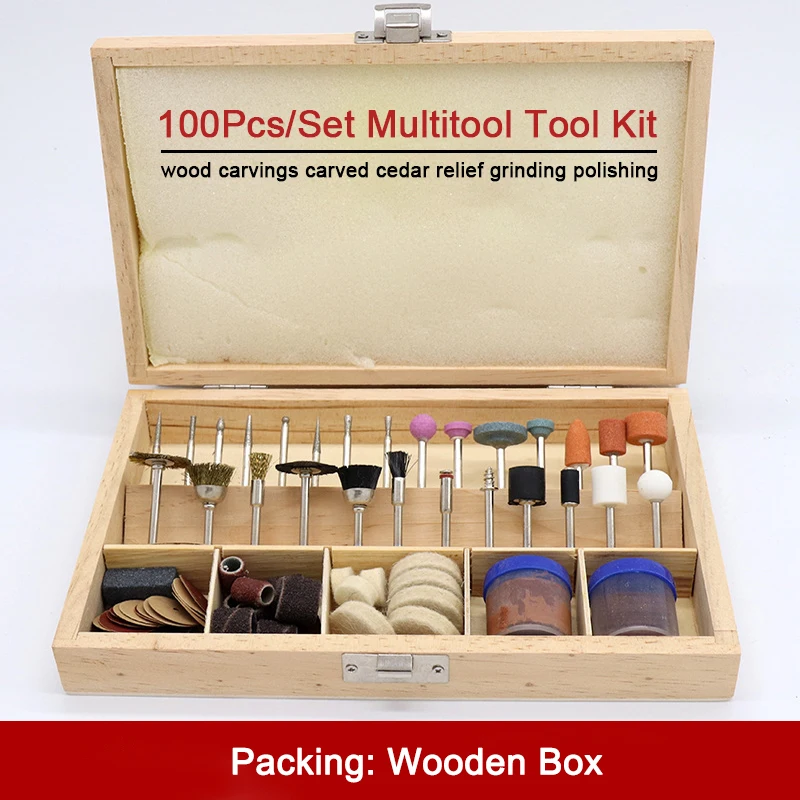 

100Pcs/Set Multitool Tool Kit Wooden Box Packing for Cutting Grinding Drilling Polishing Carving Sawing Sanding Shaping Honing