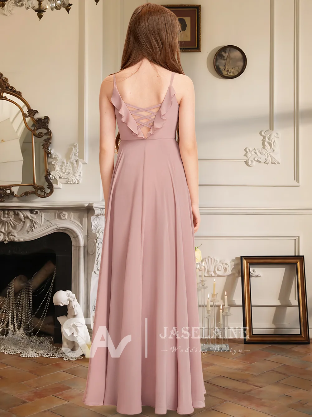 A Elegant A-Line V-Neck Floor-Length Chiffon Junior Bridesmaid Dress Flower Girl Dress Party Wedding Formal Occasion Teens Kids