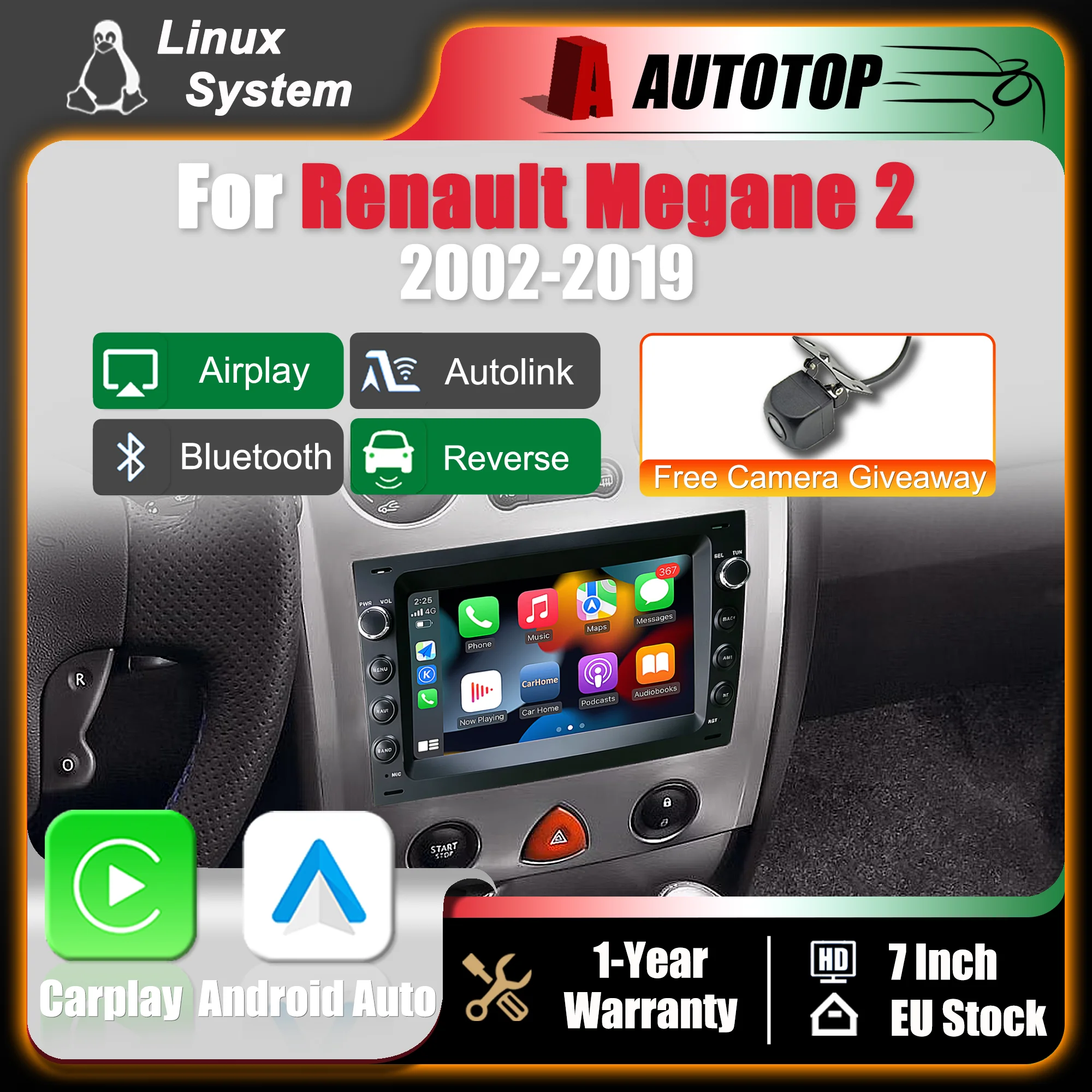 Schermo multimediale da 7 pollici con sistema Linux, CarPlay wireless e Android Auto per Renault Megane 2 (2002-2009), autoradio con Bluetooth, GPS, navigazione, DSP, schermo touchscreen e telecamera