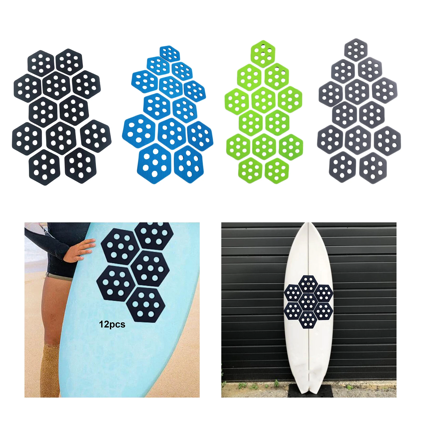 12 Pcs Hexagon Surfboard Traction Pads Non Slip Honey Comb Hole Mat Adhesive Deck Pad for Grip Surf Surf Boards Skimboarding