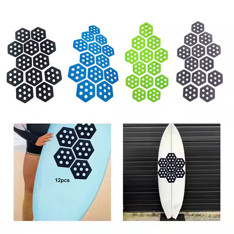 12 Pcs Hexagon Surfboard Traction Pads Non Slip Honey Comb Hole Mat Adhesive Deck Pad for Grip Surf Surf Boards Skimboarding