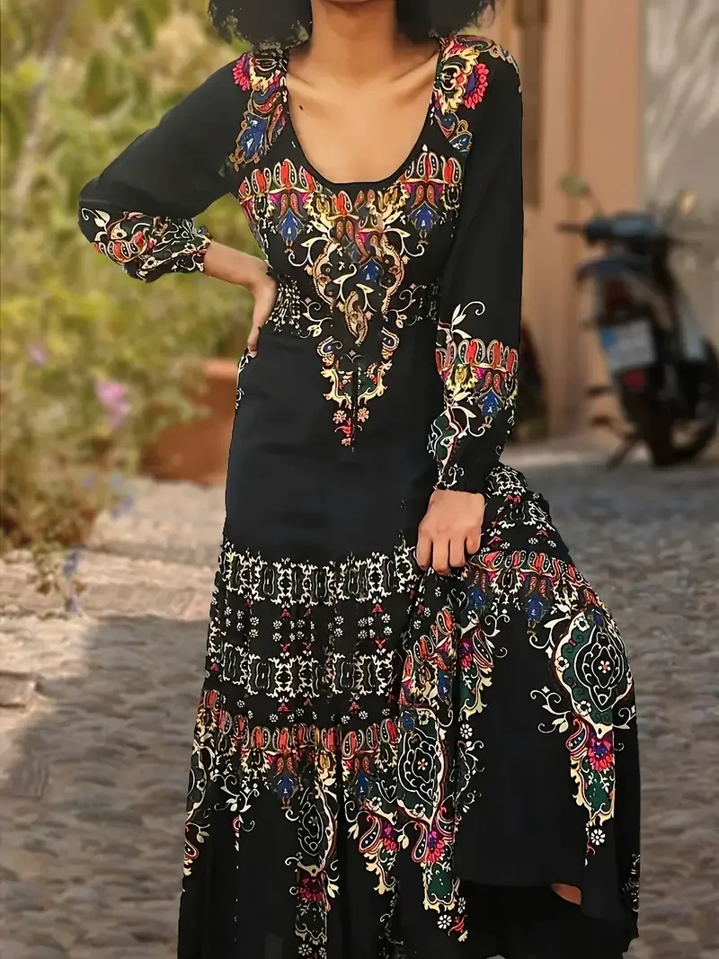 Women's Bohemian Maxi Dress - Vintage Crew Neck Long Sleeve Floral Embroidery with Ruffle Hem & Fringe, Poly-Spandex Spring Summ