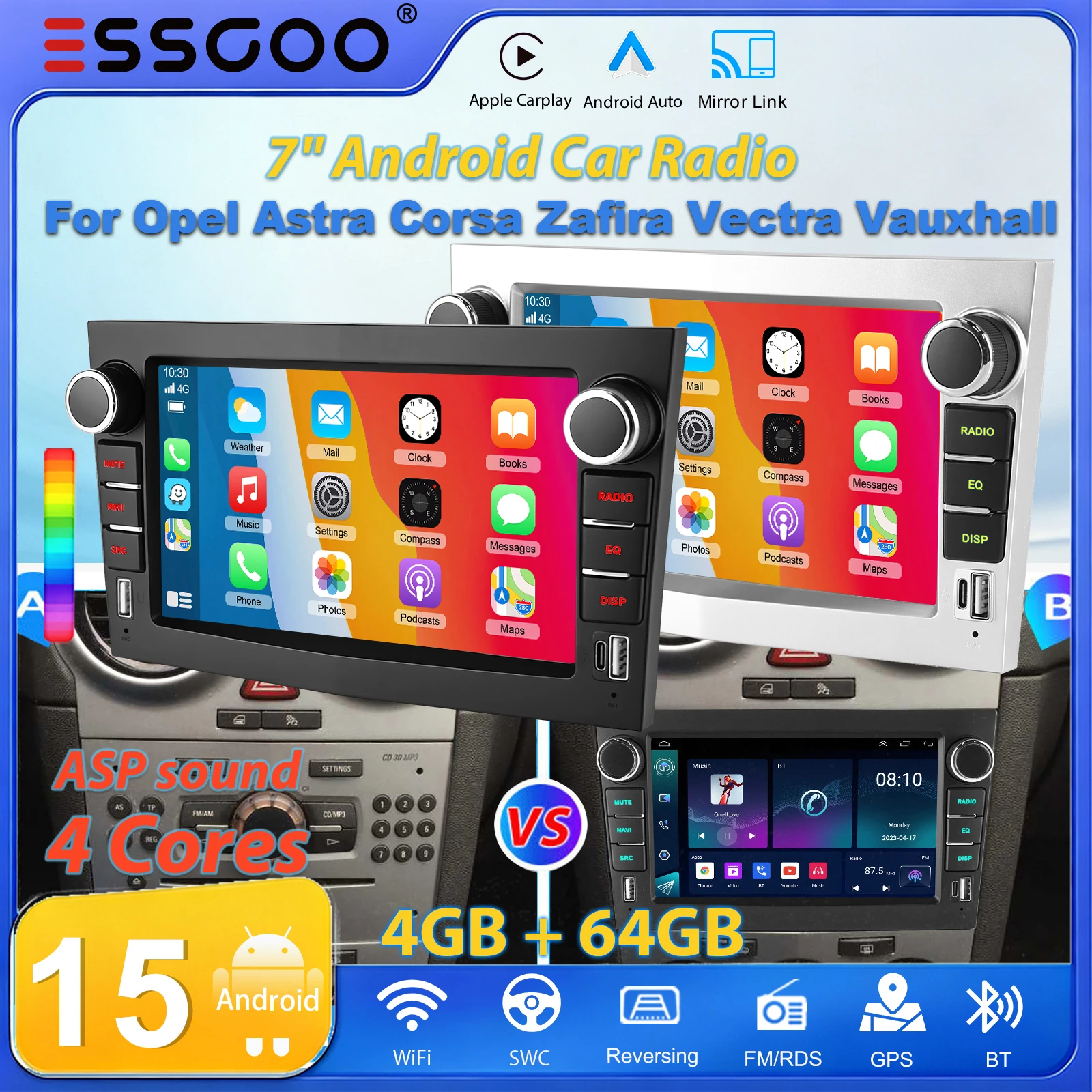 ESSGOO 7" 2 DIN Android 15 Autoradio 4+64G für Opel Vauxhall Corsa Astra Antara Vectra Zafira Meriva, kabelloses Carplay, Android Auto, GPS-Navigation, FM, BT, WLAN, Dual-USB, Typ-C, SWC, Mirror Link,