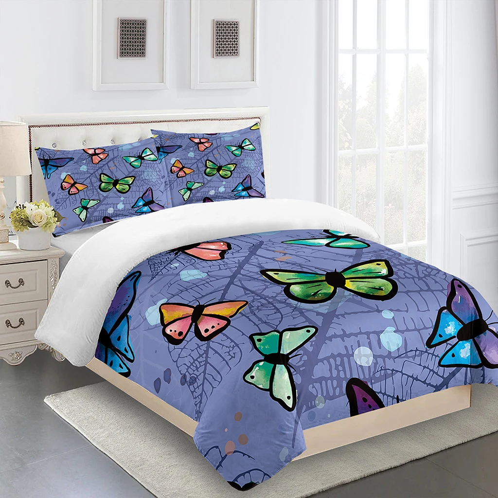 Dreamy Colorful Butterfly Girl3Pcs Queen King Full Size Duvet Cover Bedding Linen Set 2 Seater Bedspread 200x200 240x220 160x200