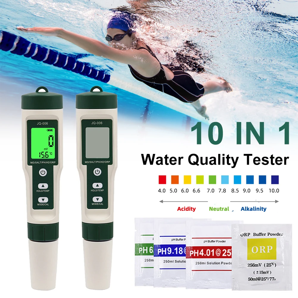 10 in 1 Water Quality Tester PH/TDS/SALT/SG/ORP/EC/Hydrogen/Resistivity/TEMP/Nutrient Multifunction Testing Pen Pool Aquarium