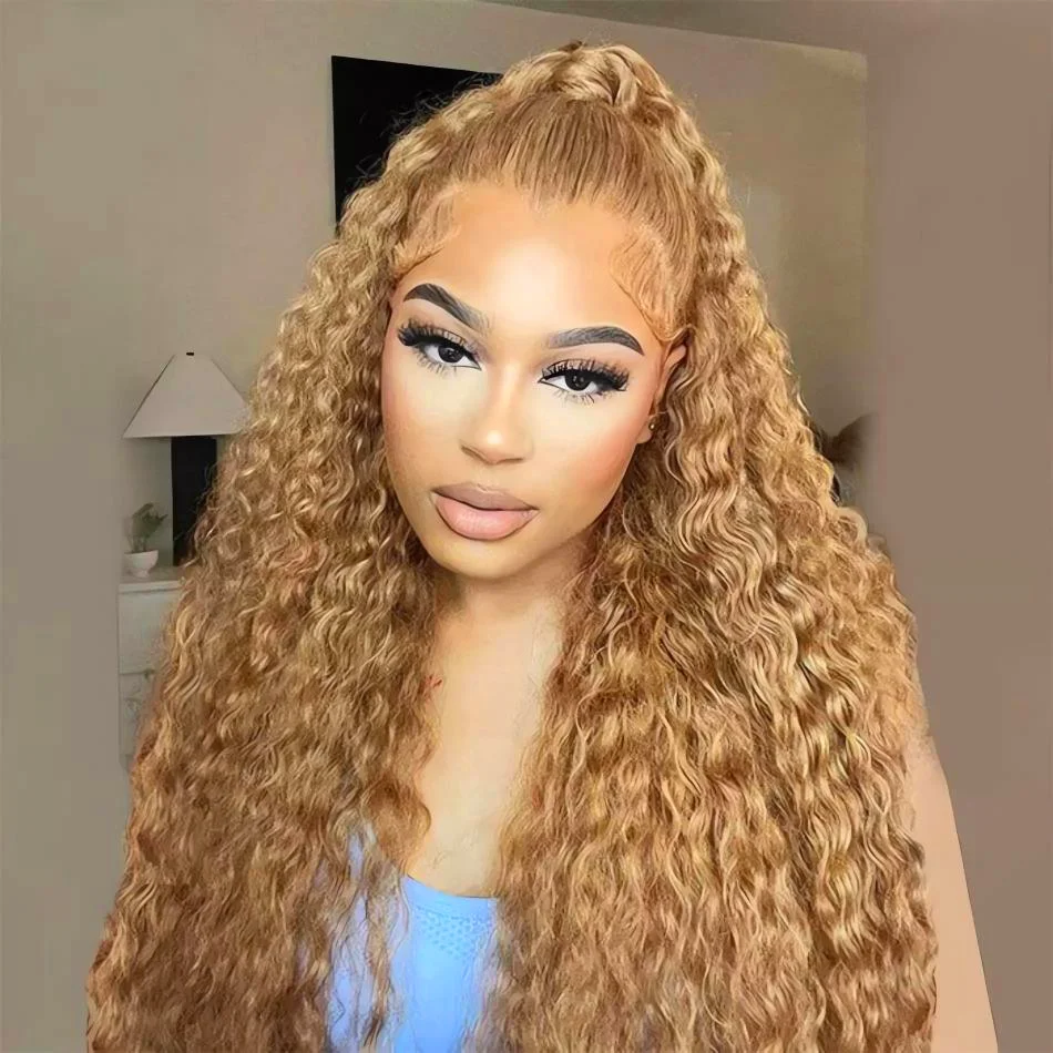 30 36 Inch Honey Blonde Wig Human Hair 13X6 Water Deep Wave Frontal Wig 13X4 Curly Hd Lace Front Pre Plucked #27 Colored Wigs