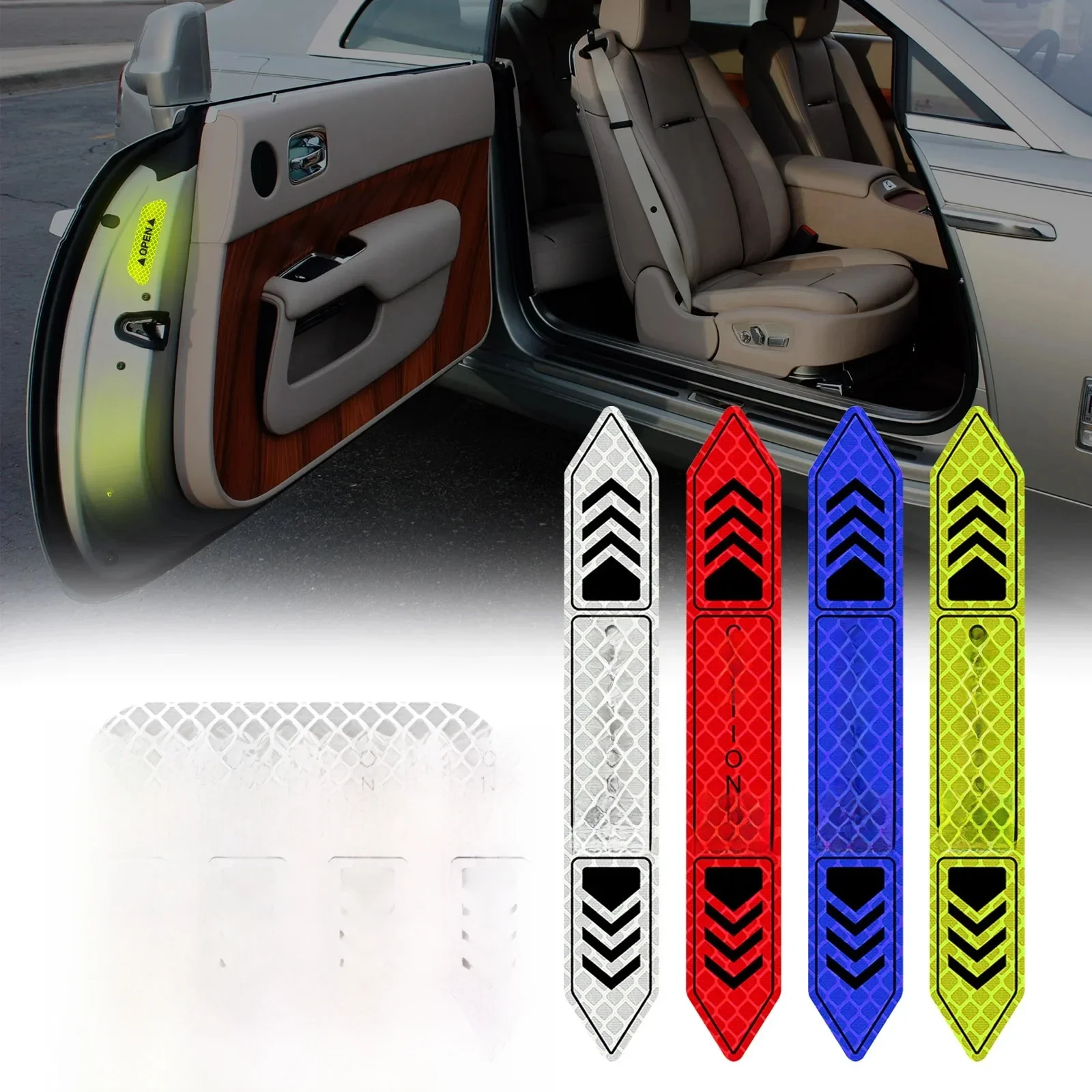 4PCS Reflective Car Door Sticker Safety Opening Warning Reflector Tape Decal Car Accessories Exterior Interior Reflector Sticker