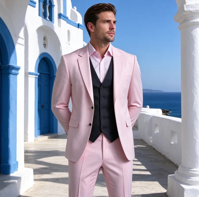 New Pink And Black Formal Business Men Suit Groom Groomsman Wedding Party Prom Male Tuxedos 3 Piece Set Blazer Vest Pants