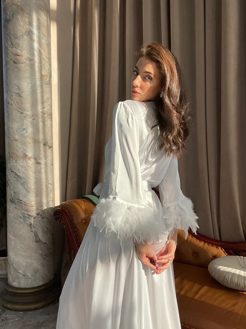 Bride Feather Robe White Boudoir Long Silk Robe Bridal Satin Feather Dressing Gown Sheer Robe Bridesmaid Luxury Wedding Gift