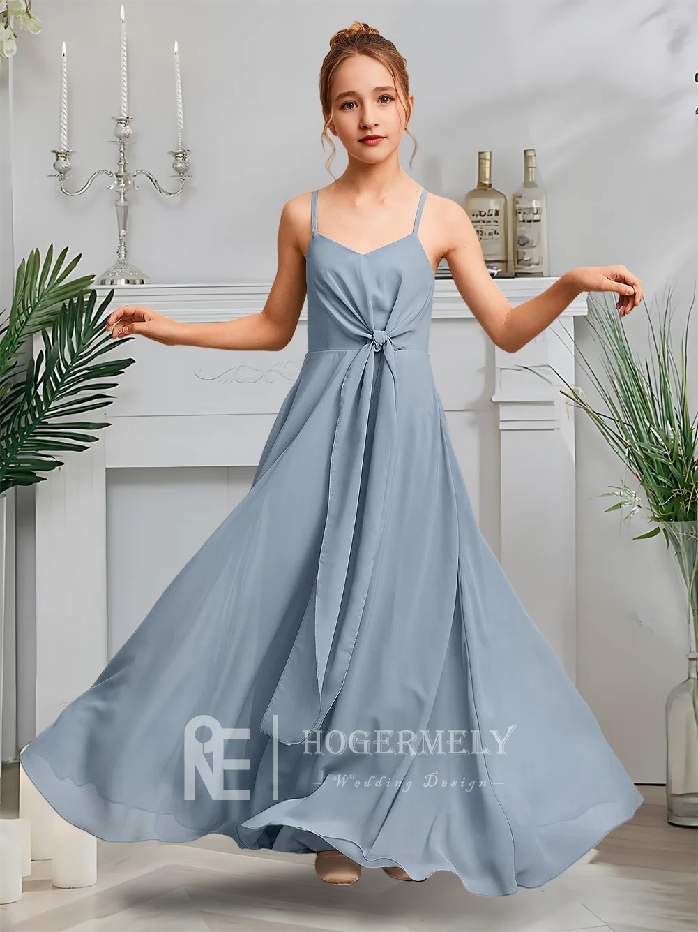 Luxuriöses Junior-Brautjungfernkleid mit V-Ausschnitt, Twilight Blue, Blumenmädchenkleid, A-Linie, Chiffon, bodenlang, für Garten, Gala, Hochzeit, Party