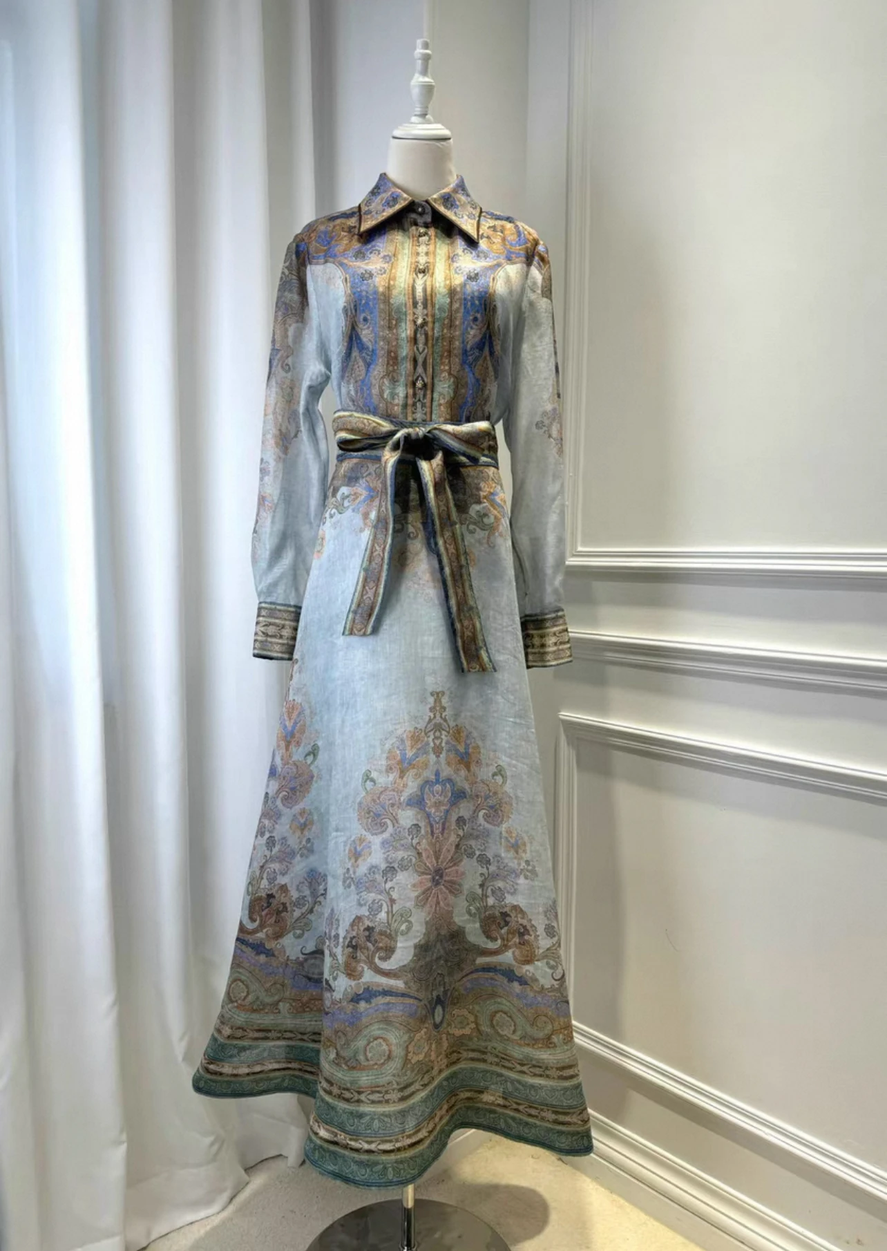 

Printing Turn Down Collar Australian Women's Blue Long Sleeve Blouse Tops and Skirt Set Vintage