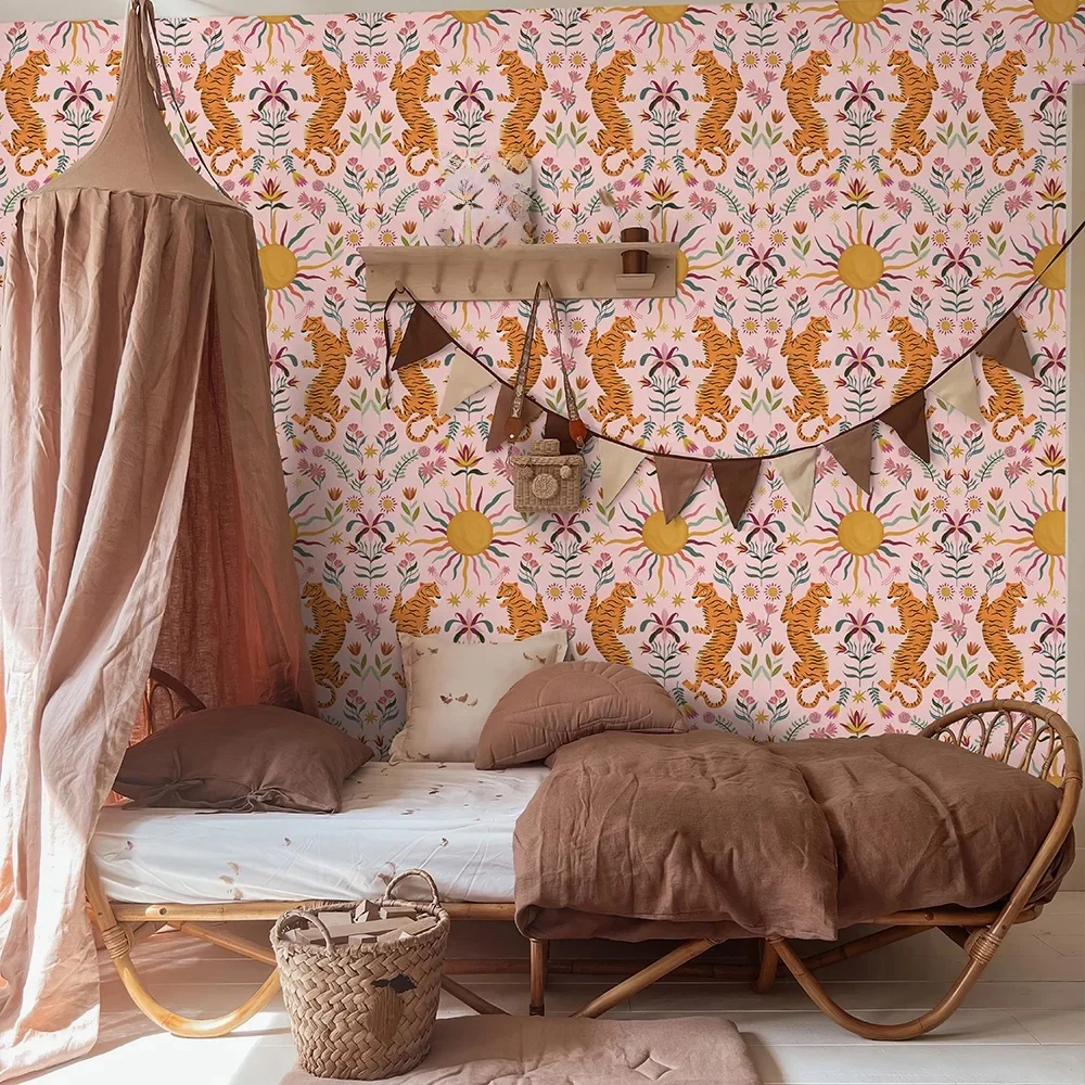 Papier peint tigre de dessin animé pour chambre d'enfants, papier peint auto-adhésif mignon, autocollants muraux imperméables en PVC, décoration de meubles de maison