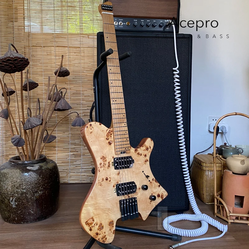

Acepro Natural Burl Maple Top Headless Electric Guitar, Stainless Steel Frets, Roasted Maple Neck, Black Hardware, Guitarras
