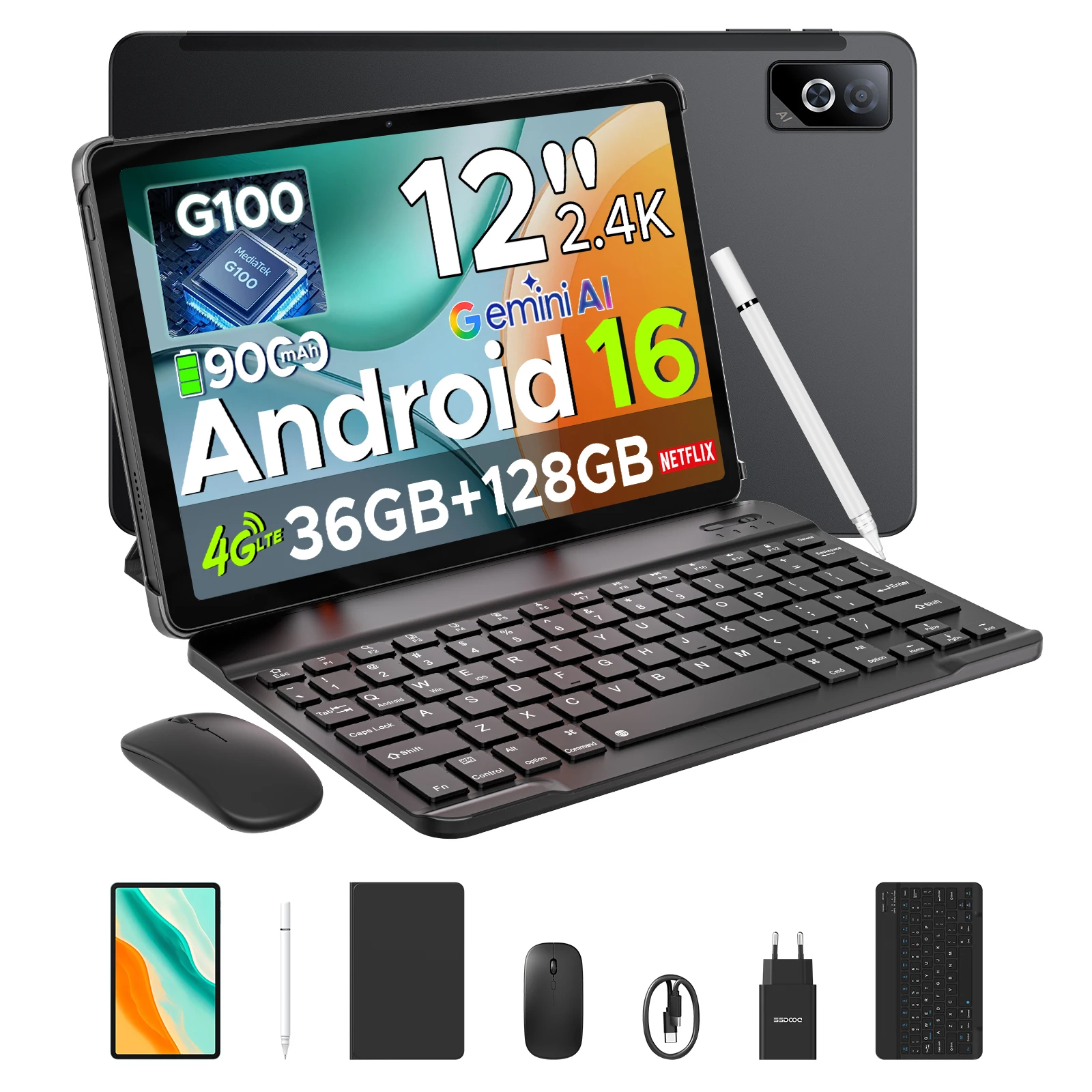 DOOGEE Tab G6 Pro 12 Inch 2.4K Tablet PC Android 16 Tablet & Helio G100 36GB RAM 128GB ROM 9000mAh Large Battery Android Tablets