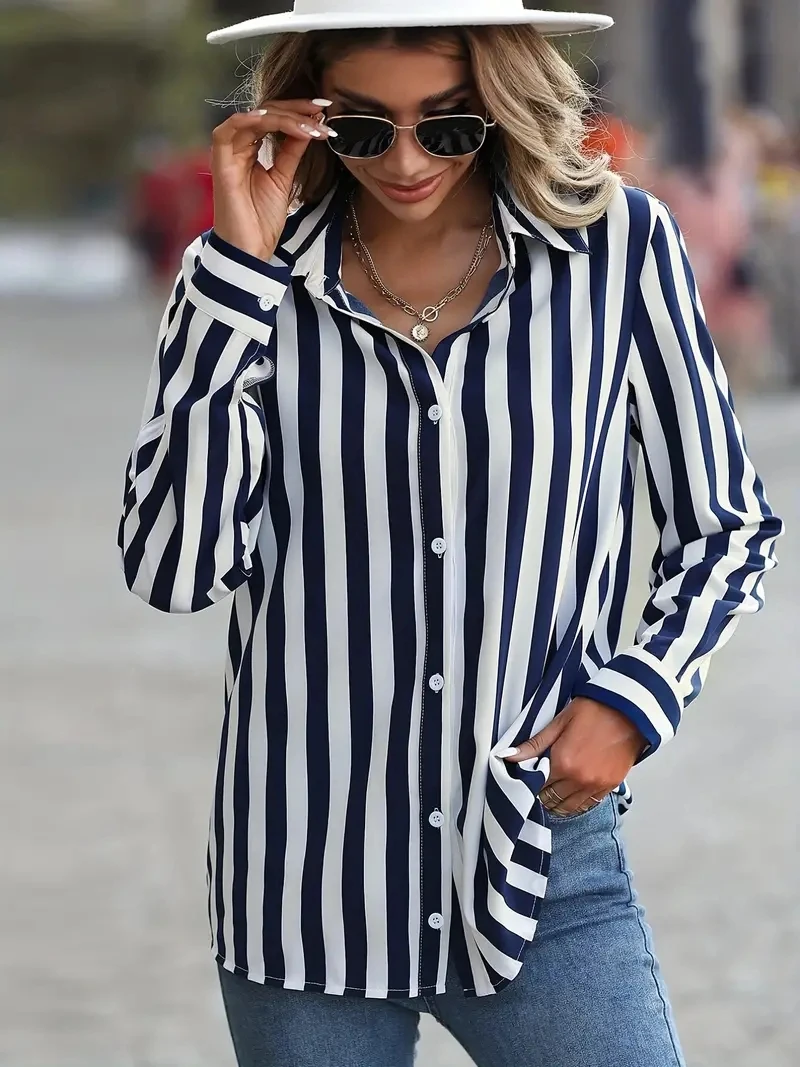 Fashion Women's Shirts & Blouses,Elegance Striped Print Shirt,2024 Spring & Summer Large Size Female Clothing Blouse Tops