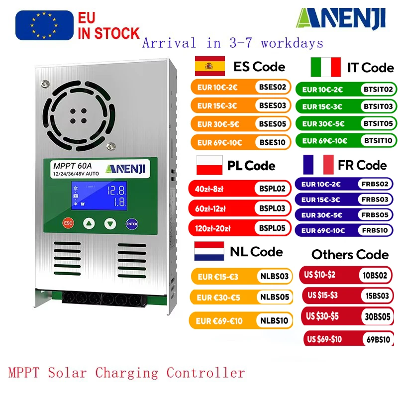ANENJI 60A MPPT Regolatore di carica solare 12V 24V 36V 48V Auto Max PV 150VDC Batteria al piombo-acido Lifepo4 Pannello solare