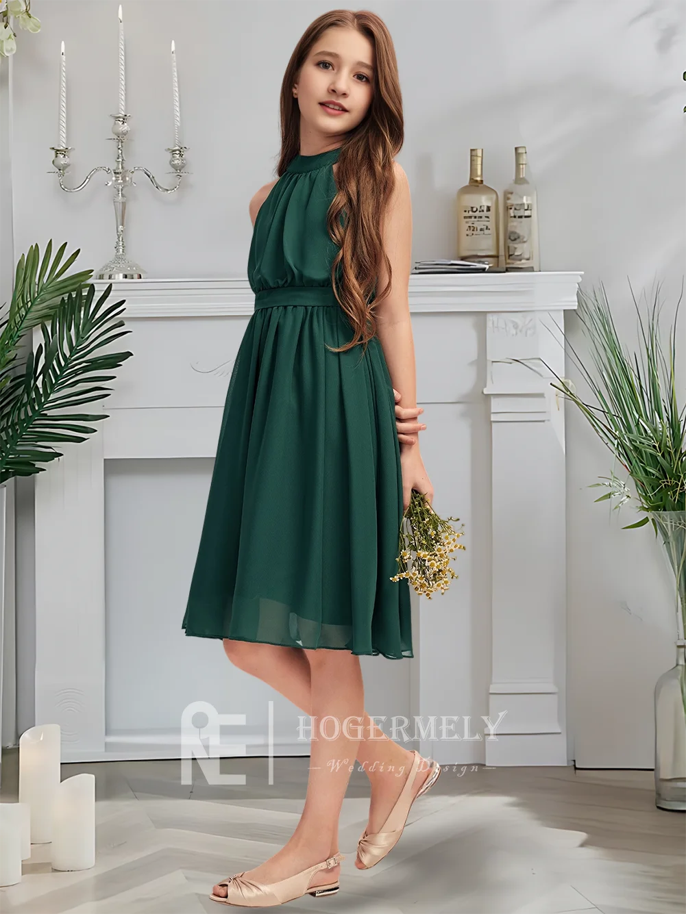 

B Halter Junior Bridesmaid Dress Hunter Green Flower Girl Dress Knee-Length Chiffon With Cascading Pleats Weddiung Party
