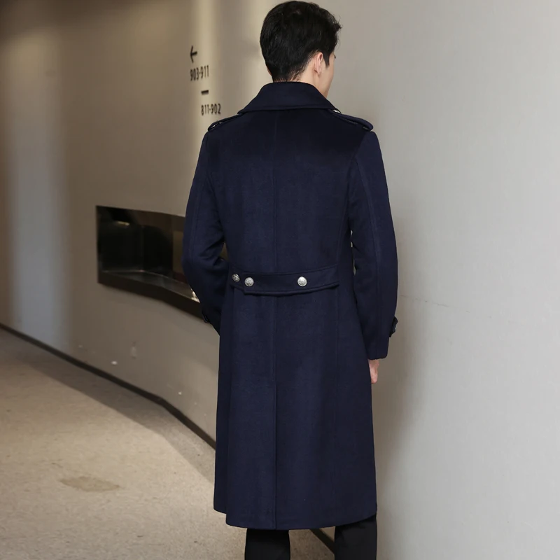 Europe Men's Cool Winter Warm Over-Knee Woolen Coat 2023 New Fashion Double-breasted Retro Extra-long Wool Coat Male Outwear