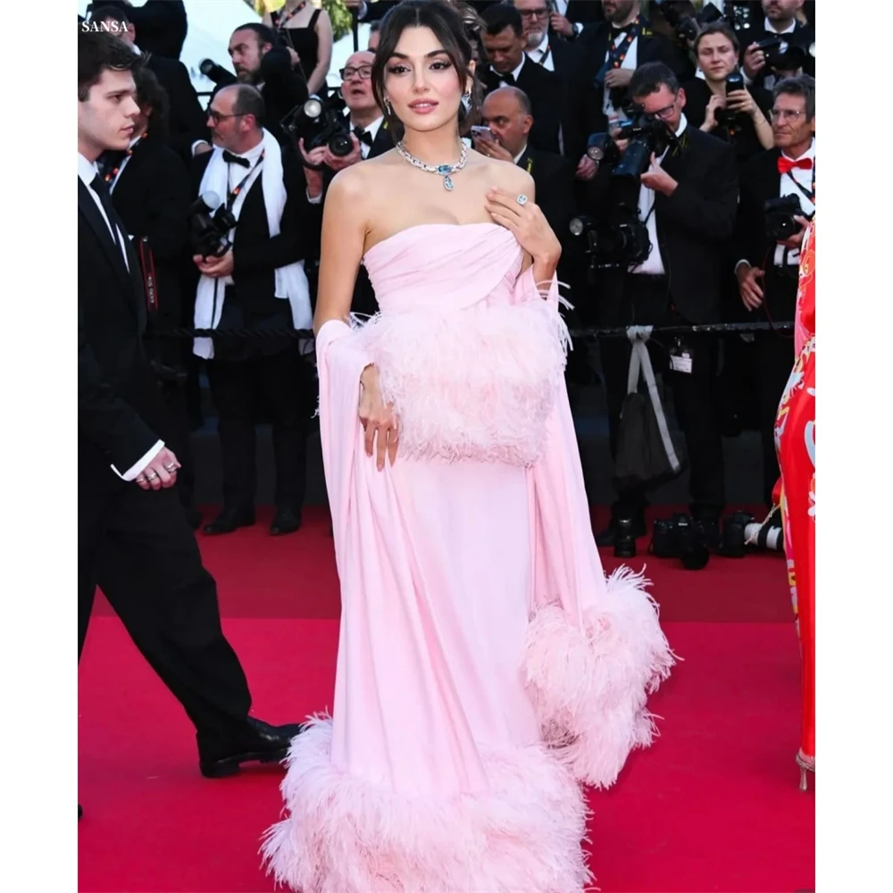 Sansa Customized Pink Cascading Ruffle Column With Shawl Prom Dress Strapless Feathers Vestidos De Noche Floor-Length Evening