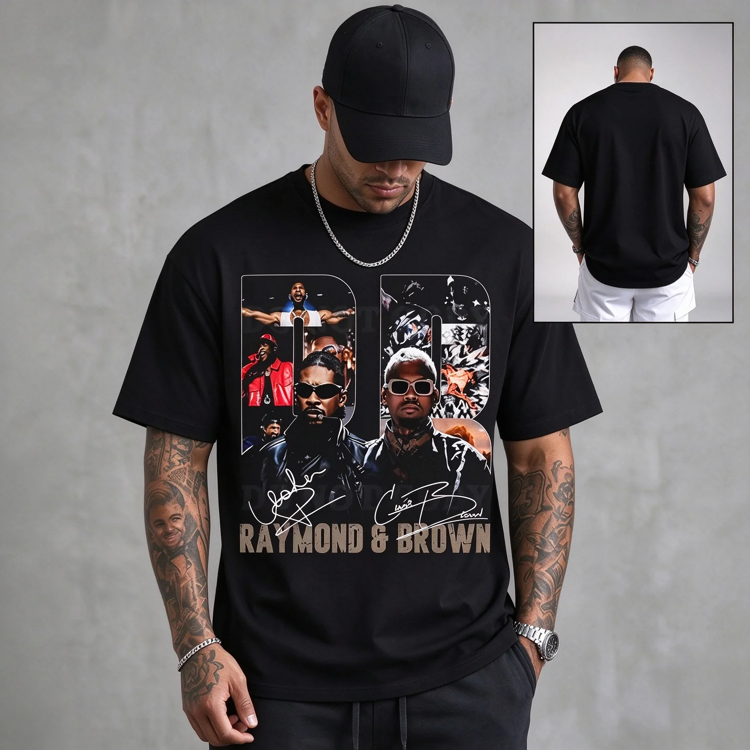 Hip Hop Duo Portrait Collage Graphic Cotton T-shirt, Retro Rap Artist Signature Print Short Sleeve Tee, Unisex Loose Streetwear Casual Tops for Men Women