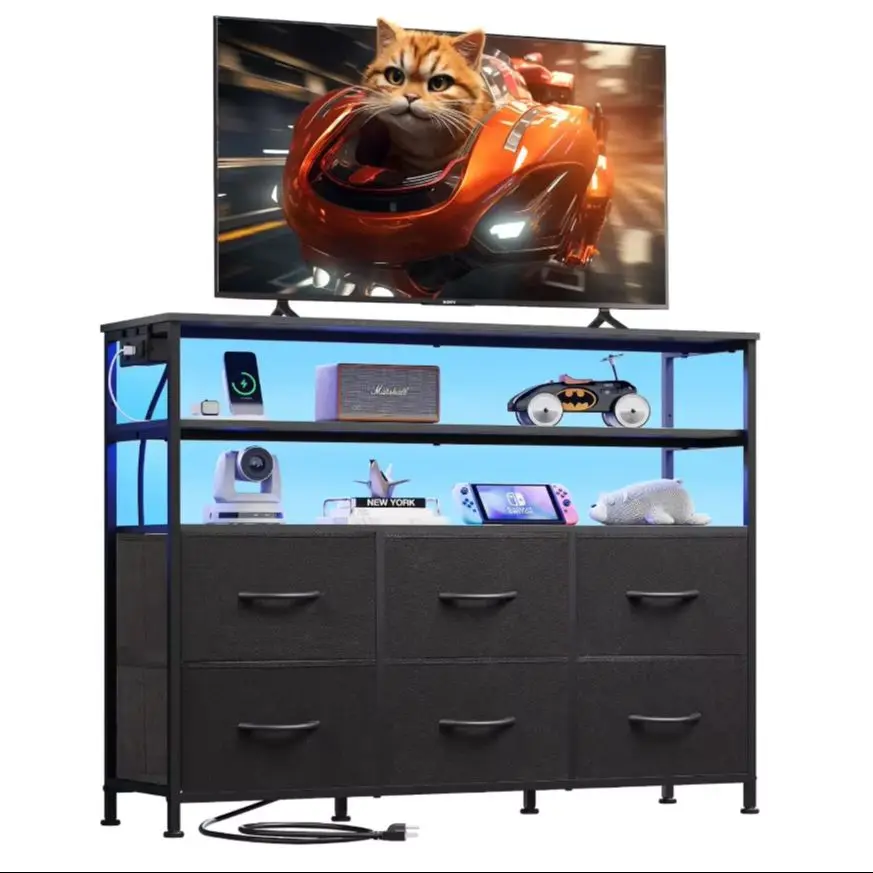 TV Stand 40-45 Inch 6 Drawer Fabric Media Console LED
