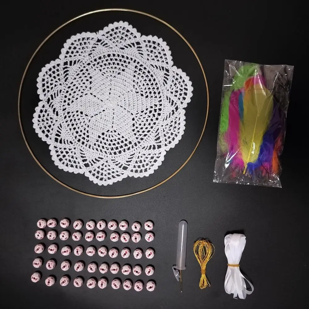 DIY Make Your Own Dream Catcher Kit With Materials Including White Doily Metal Ring Beads Thread Needle Ribbon Colorful Feathers