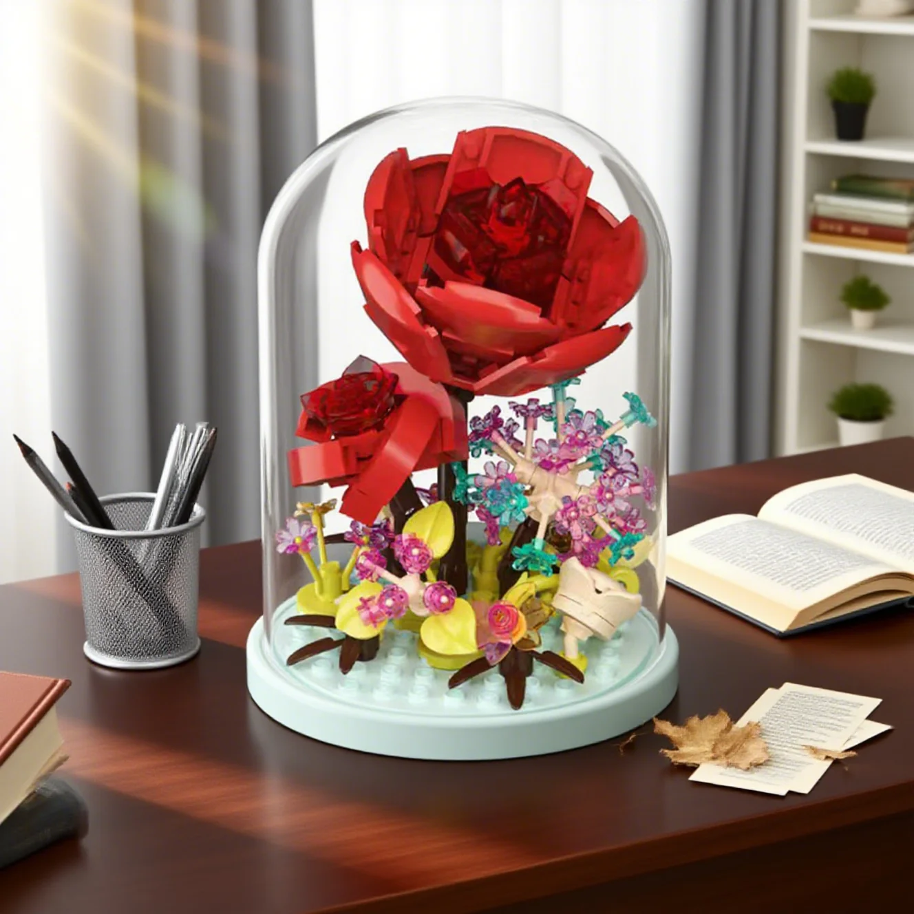 لتقوم بها بنفسك MOC زهرة اللبنات مع غطاء غبار الحفاظ على زهرة صغيرة اللبنات ديكور المنزل سطح المكتب الحلي الجمعية لغز اللعب هدايا عيد الميلاد هدايا الفتيات اكسسوارات الديكور #6