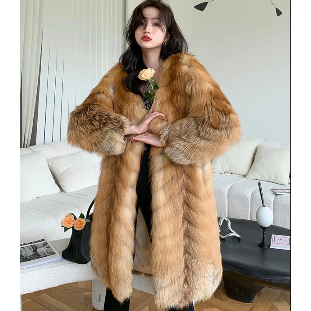 Denny&Dora Female Natural Fur Coats Outwear 2022 New Fashion Coat Red Fox Fur Jackets For Women Winter Overcoat