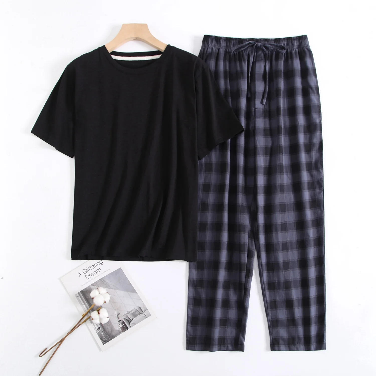 2024 sommer Männer Casual Pyjama Sets Männlichen 100% Baumwolle Nachtwäsche anzug Kurzarm Runde Kragen T-shirt & Plaid Hosen hause Kleidung