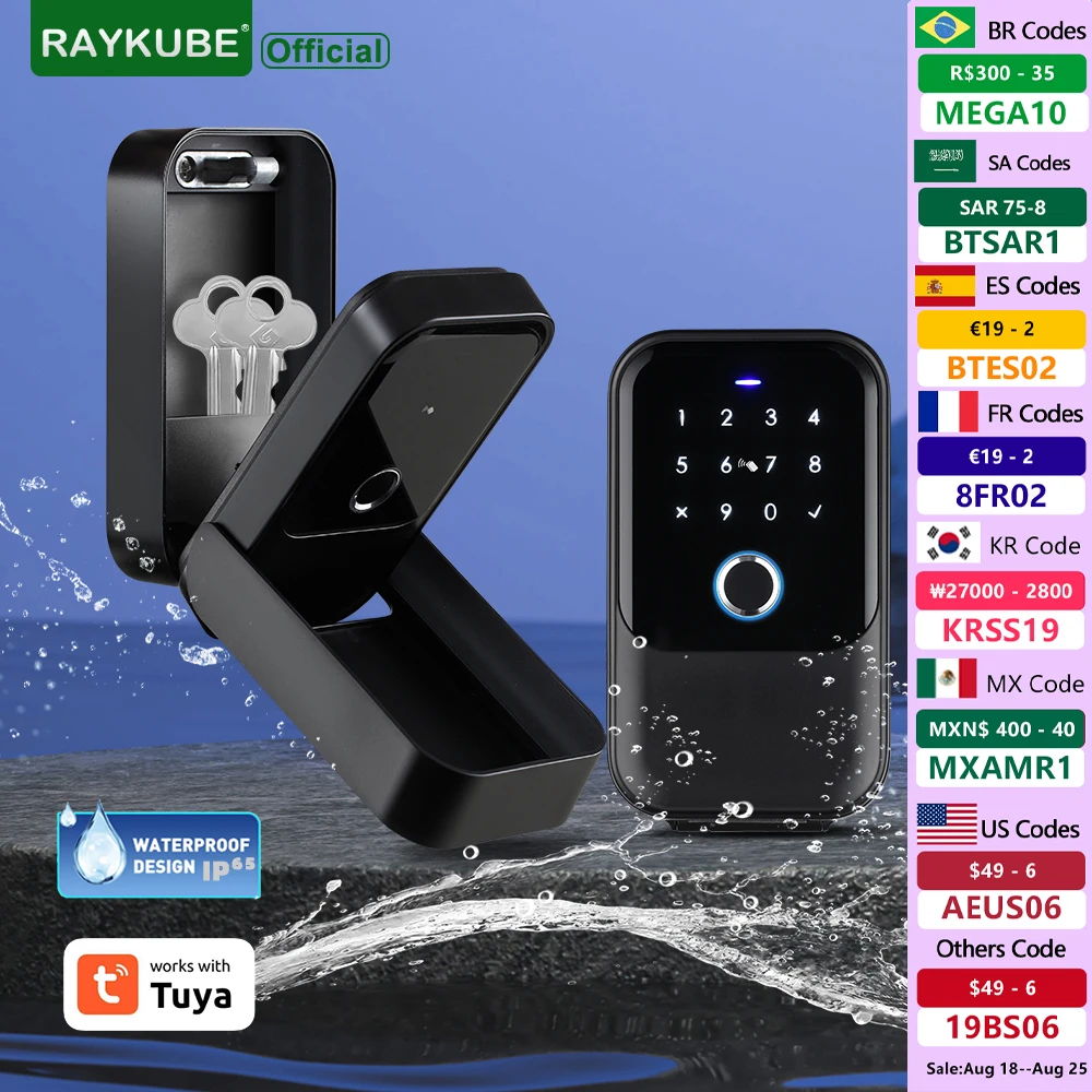 RAYKUBE K5 IP65 Waterproof Tuya BLE Smart Keybox Password Fingerprint Tuya Electronic Portable Key Lock Boxes With Cover